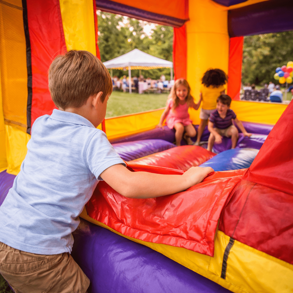 Boy climbing into vibrant bounce house