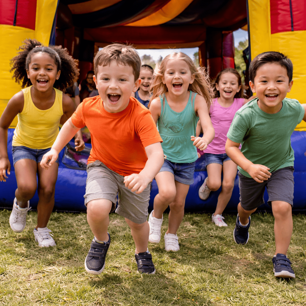 Children bursting from the bounce house
