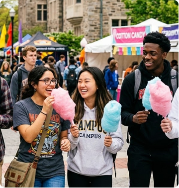 "Students enjoying snacks at inflatable game on campus