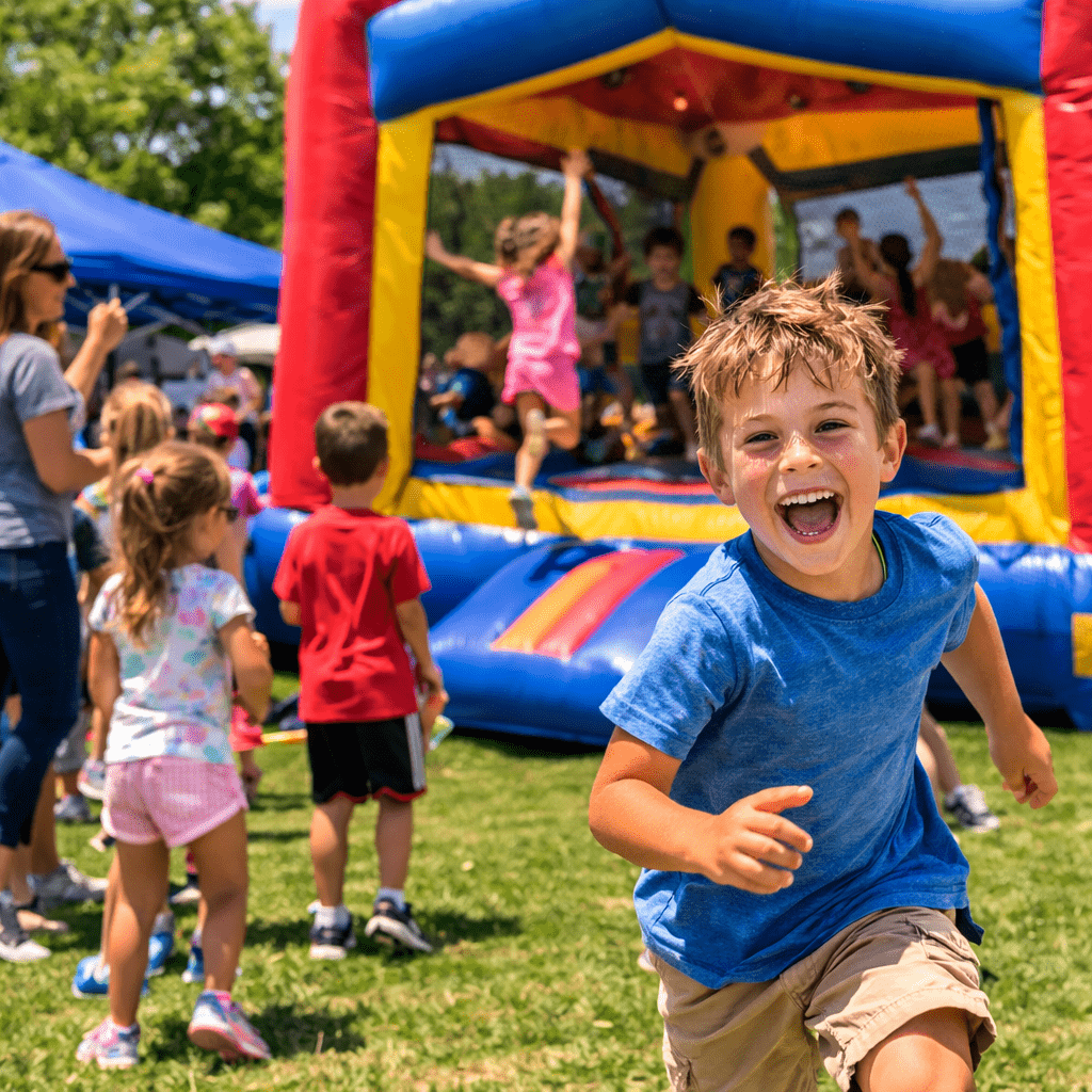 Joyful play at the school fair with bounce house